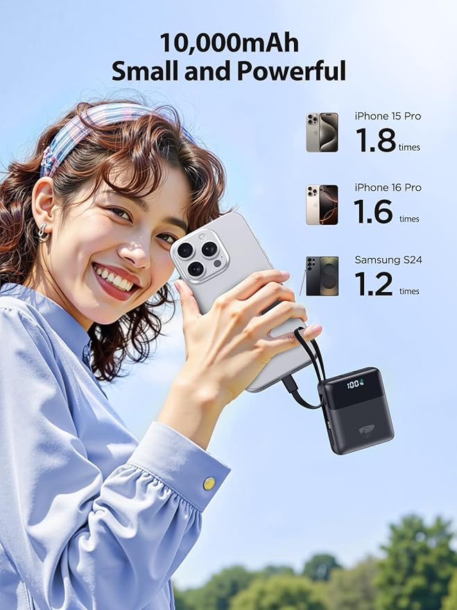 Aioneus Portable Charger 10000mAh, 22.5W Power Bank Fast Charging, Battery Pack with Built-in USBC Cables, Small Portable Charger Power Bank for iPhone 17/16/15/14/13/12, Samsung S25/S24/S23, Android