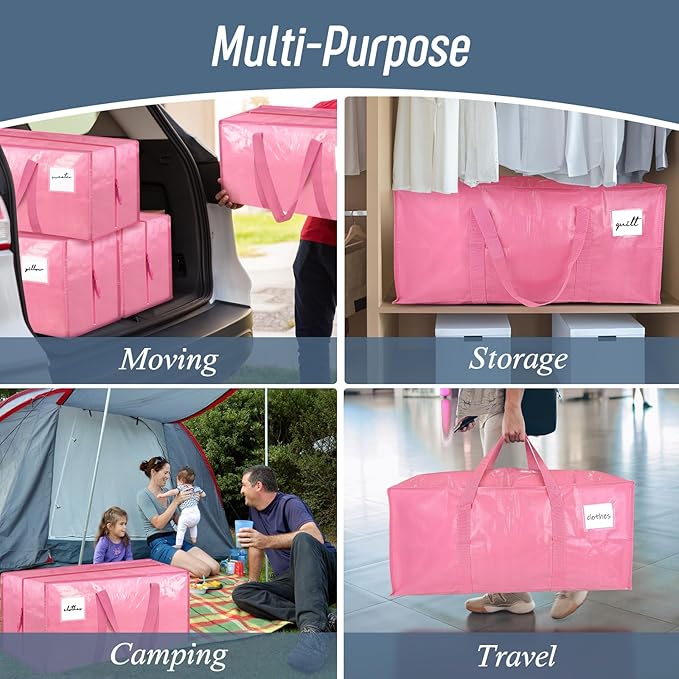 6 Pack Extra Heavy Duty Large Moving Bags with Strong Zipper & Comfortable Handles, Sturdy & Durable Clothes Storage Bags Totes Bins, Packing Moving Boxes for College Supplies, Pink