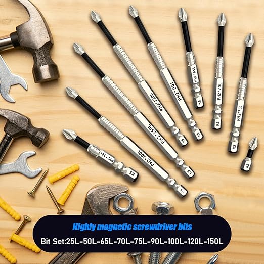 9 Pack High Magnetic Screwdriver Drill Bit Set, k5 Anti Slip bit, Electric Precision Screwdriver Set, 25 50 65 70 75 90 100 120 150mm