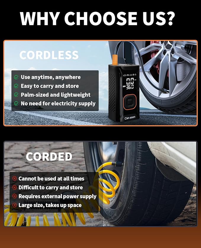 Tire Inflator Portable Air Compressor, 150PSI Portable Air Compressor with Accurate Pressure Gauge E-Bike Inflation Cordless Air Pump for Bike Pump Car Motorcycle Ball