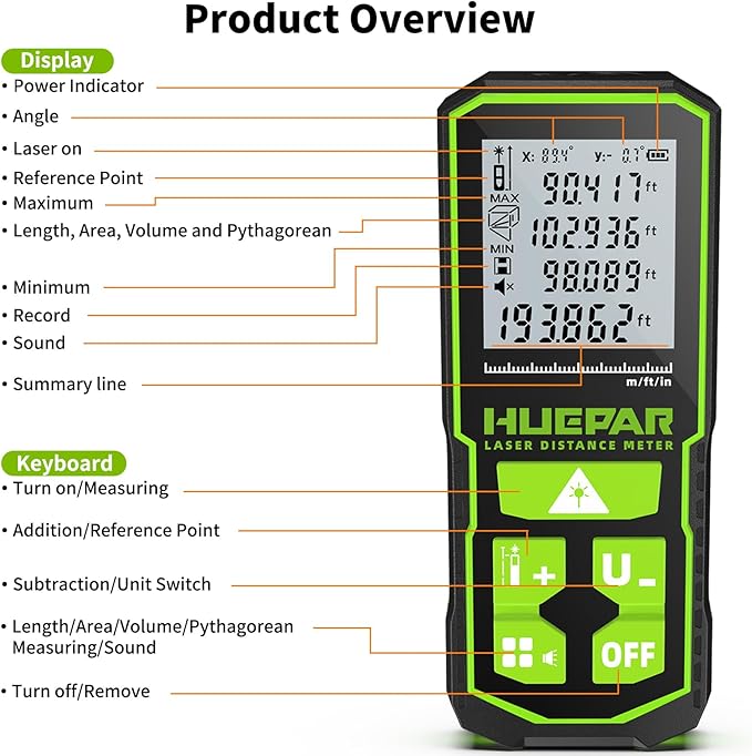 Huepar Professional Green Laser Measuring Tool 196ft, Digital Rechargeable Laser Distance Meter with Angle Sensor, 1/16in Accuracy, M/in/Ft Unit, Pythagorean Mode, Measure Distance, Area, Volume