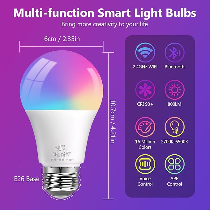 DAYBETTER Smart Light Bulbs, Smart Bulb That Compatible with Alexa & Google Home, 2.4G WiFi Bluetooth Alexa Light Bulbs, RGBCW Color Changing LED Light Bulb, 60W Equivalent, 800LM, 6Pack