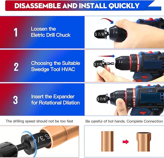 13 Pcs Swage Tool HVAC Repairing Set With Bit Holder, Air Conditioner Copper Tube Expander Swaging Tool Drill Bit, Soft Copper Pipe Swager, 1/4'', 3/8'',1/2'',5/8'',3/4'',7/8'' Swedge HVAC Tool Kit