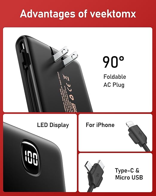 Portable Charger Power Bank Built in Cables and Wall Plug, 10000mAh iPhone Battery Pack Fast Charging, USB C External Slim Power Bank, Travel Essentials Compatible with iPhone 16 15 14 13 iPad, Black