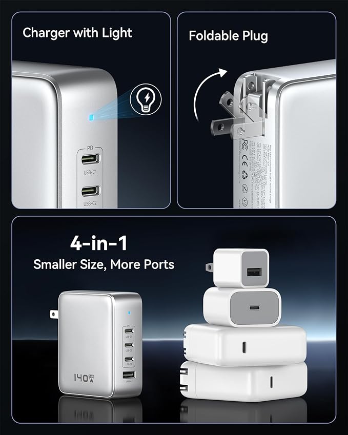 140W USB C Charger, 4 Ports GaN Charger Block Charging Station, Foldable and Compact Fast Wall Charging Power Adapter for MacBook Pro/Air, Dell XPS, iPad Pro, iPhone Series, Galaxy S24, and More