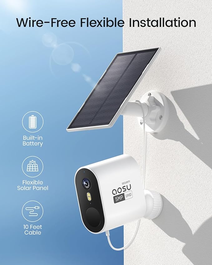 AOSU 3K/5MP Solar Add-on Cam, Requires SolarCam/WirelessCam System's Homebase, Up to 4 Cameras Can be Connected to 1 Homebase