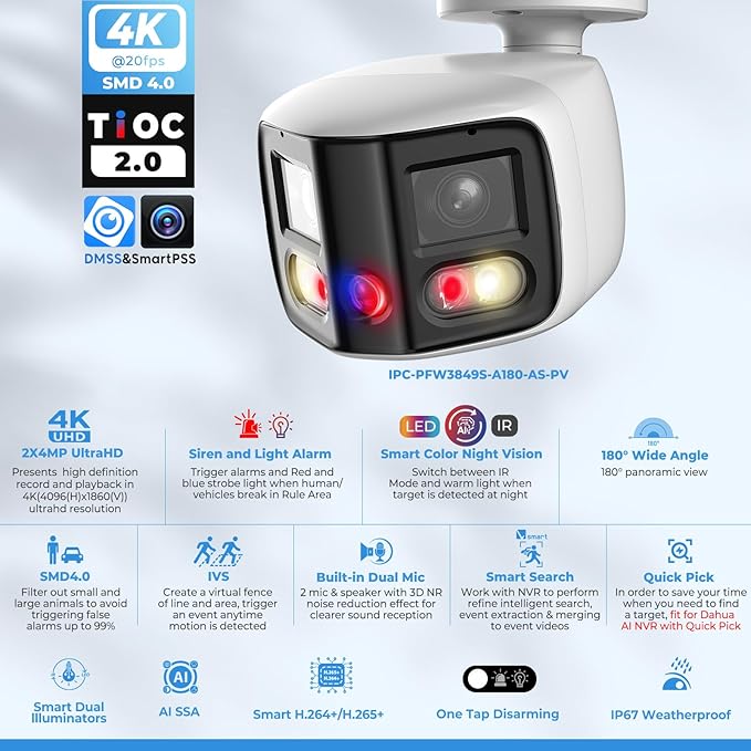 Dual-Lens 4K (8MP) TiOC Outdoor POE Camera - 2 x 4MP Duo 180° Panoramic Wide Angle AI Bullet IP Camera, Dual Color Night, Smart PSS Lite, DMSS, Active Detterence, 2-Way Audio, Human/Vehicle Detection