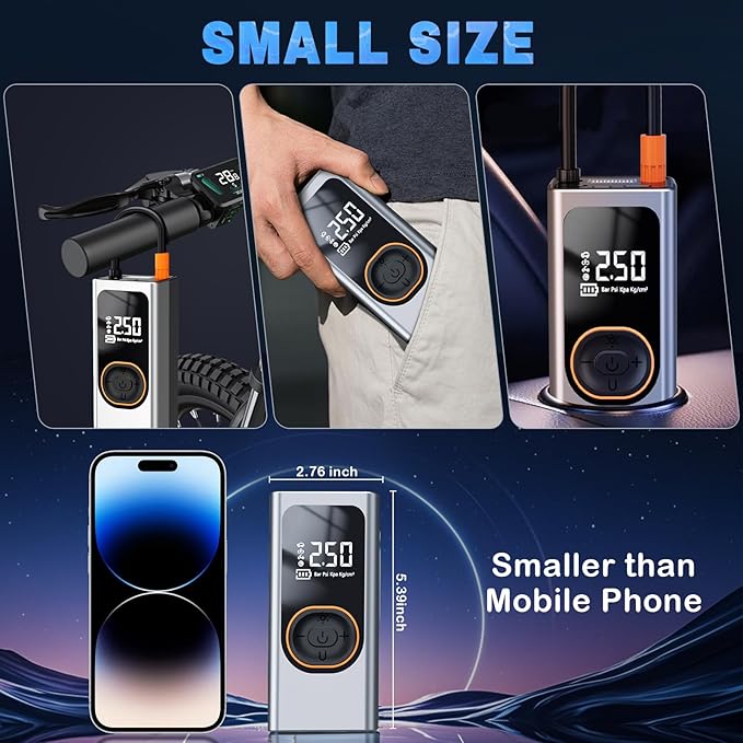 Portable Cordless Tire Inflator Air Compressor, 150PSI with Rechargeable Battery, Digital Pressure Gauge, 12V Car Tire Inflator and Auto Shut Off, for Car, Motorcycle, Bike, Balls, Toy