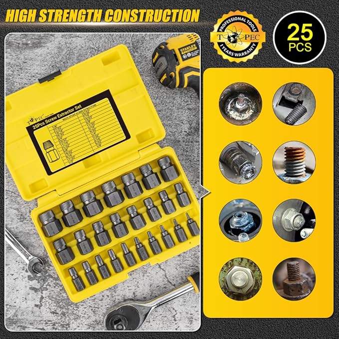 Topec 25Pcs Screw Extractor Set, Hex Head Multi-Spline Easy Out Bolt Extractor Set, Premium CR-MO Steel Rounded Bolt Remover