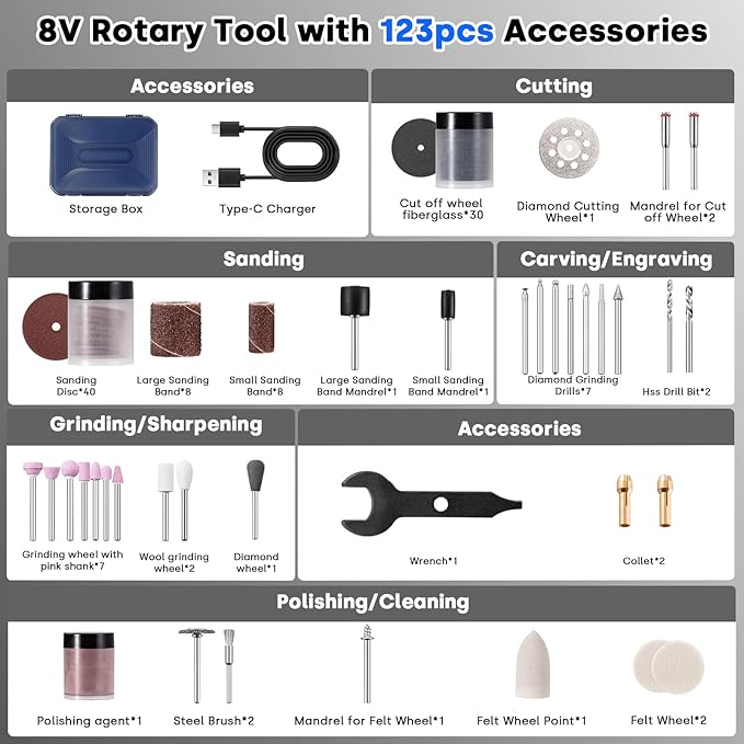 Enventor Cordless Rotary Tool, 8V Power Rotary Tool Kit with 123pcs Accessories, 5-Speed 30000RPM, USB Charging, Multi-Purpose Mini Rotary Tool for Sanding, Polishing, Engraving, Drilling, DIY Crafts