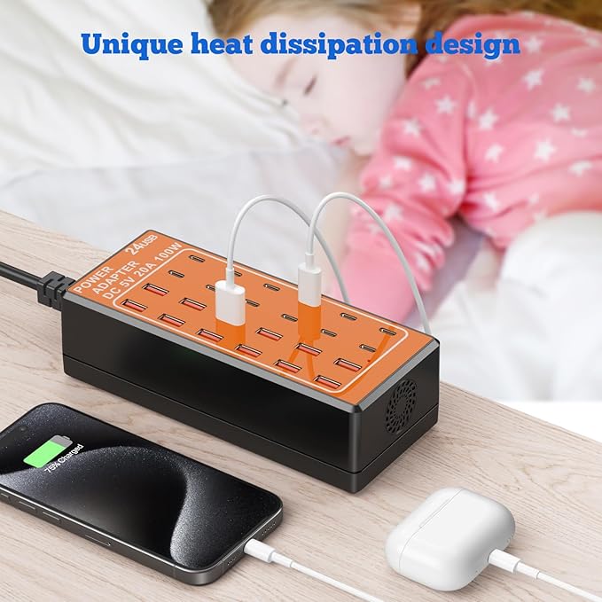 USB C Charging Station, USB Charging Hub, 100W (20A) 24 Port Desktop Wall Charger Power Strip for iPhone 16 15 14 Android Tablet Smart Watch AirPods Samsung Galaxy Pixel USB C Charger