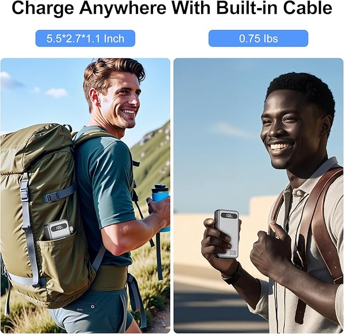 Power Bank 20000mAh, PD 30W and QC 4.0 Fast Charging Portable Charger with 3 Outputs & 2 Inputs and USB C Cable, for iPhone 16/15/15 Pro/15 Pro Max/15 Plus, MacBook, Galaxy, and More