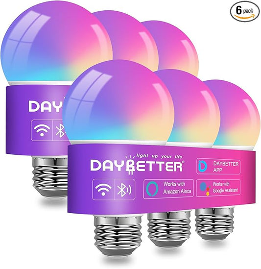 DAYBETTER Smart Light Bulbs, Smart Bulb That Compatible with Alexa & Google Home, 2.4G WiFi Bluetooth Alexa Light Bulbs, RGBCW Color Changing LED Light Bulb, 60W Equivalent, 800LM, 6Pack