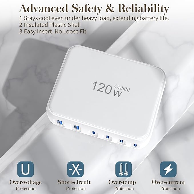 USB C Charger Block, 120W GaN 6 Port Fast Charging Station Hub for Multiple Devices, PD 3.0 USB Wall Charger Power Strip Adapter Compatible with All iPhone 17 iPad Samsung Android Pixel Series