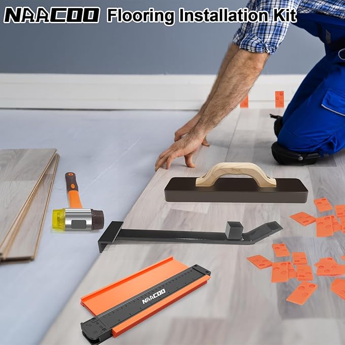 Laminate/Vinyl Flooring Tools, NAACOO Heavy Tapping Block for Vinyl Plank Floor, Heavy Pull Bar, 10”Contour Gauge, 40pc Flooring Spacers, Rubber Mallet - 5 in 1 Floor Installation Kit