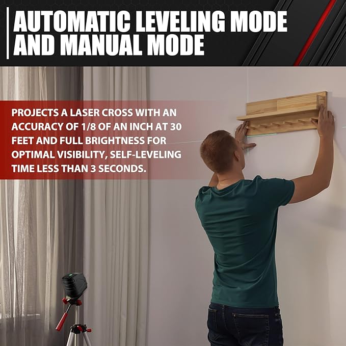 Laser Level,100ft/30m Self-Leveling Laser Level,Green Cross Line Laser,Vertical and horizontal lines,3 Brightness Adjustment,Rotates 360 Degrees,Includes a Carrying Pouch and Battery IP54 Waterproof