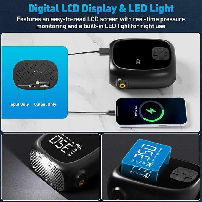 Tire Inflator Portable Air Compressor – Fast Inflation, Auto Shut-Off & LED Display | High-Power Air Pump for Car, Motorcycle & Bike Tires, USB Rechargeable & Compact Design, Gifts for Men