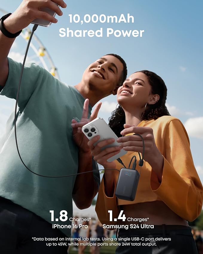 Anker Nano Power Bank, 10,000mAh Portable Charger with 2.3 ft InstaCord Retractable Cable, 45W Max Compact Battery Pack, Smart Display, for iPhone 16 Series, iPad, Galaxy, Pixel, and More