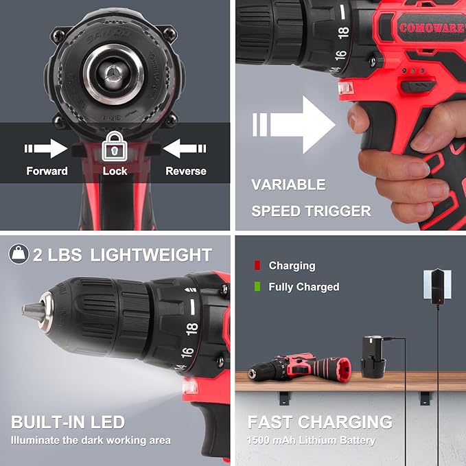 COMOWARE 169PCS Home Tool Kit with 12V Cordless Power Drill, Multi-Task for DIY Home Repair & Maintenance, Red Storage Bag Included