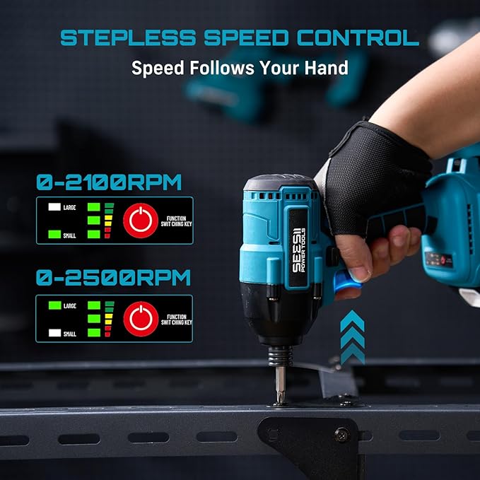 SEESII Cordless Impact Driver Kit, 21V Max Torque 1590 In-lbs(180 N.m) Impact Driver Set with Two 2.0 Ah Batteries, 1/4" Hex Chuck Power Impact Driver w/ 20 Pcs Drill Bits, 0-2500 RPM Variable Speed