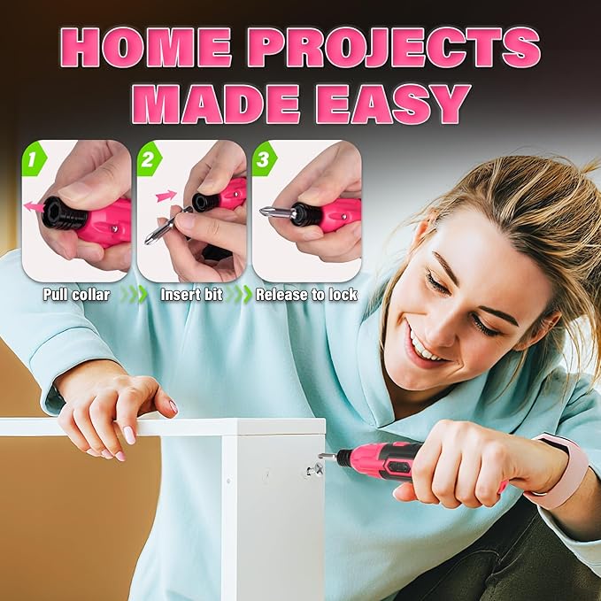 DIYSELF Electric Screwdriver Cordless Rechargeable 3.7V Power Screwdriver with LED Light 28-Piece Small Electric Screwdriver Kit Includes Bits, Magnetic Bit Holder, USB Charging Cable, Carrying (Pink)