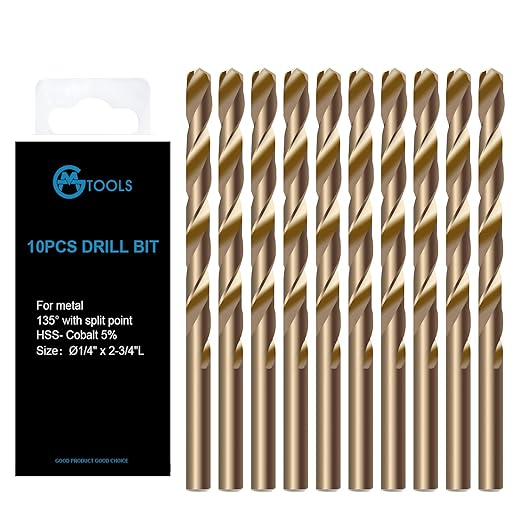 1/4 inch Cobalt Drill Bits, M35 HSS, 135 Degree Tip, Jobber Length Twist Drill Bit Set for Hard Metal, Stainless Steel, Cast Iron, Wood and Plastic, with Storage Case, Pack of 10