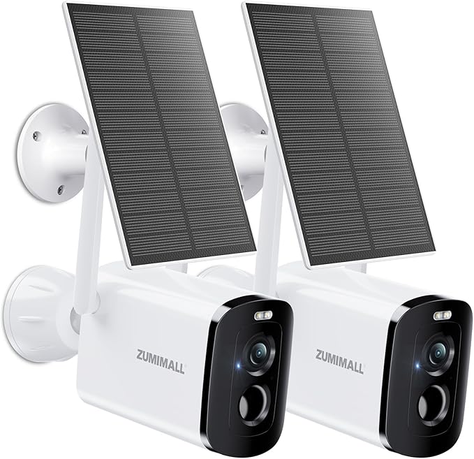 ZUMIMALL Solar Security Cameras Wireless Outdoor - 2 Packs, 2K Camera for Home Security with Color Night Vision, 2.4GHz WiFi, 2-Way Talk, Spotlight & Siren, IP66 Weatherproof, Compatible with Alexa