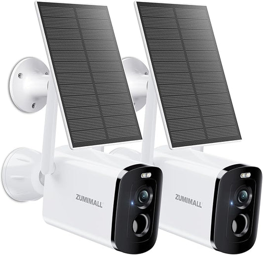 ZUMIMALL Solar Security Cameras Wireless Outdoor - 2 Packs, 2K Camera for Home Security with Color Night Vision, 2.4GHz WiFi, 2-Way Talk, Spotlight & Siren, IP66 Weatherproof, Compatible with Alexa