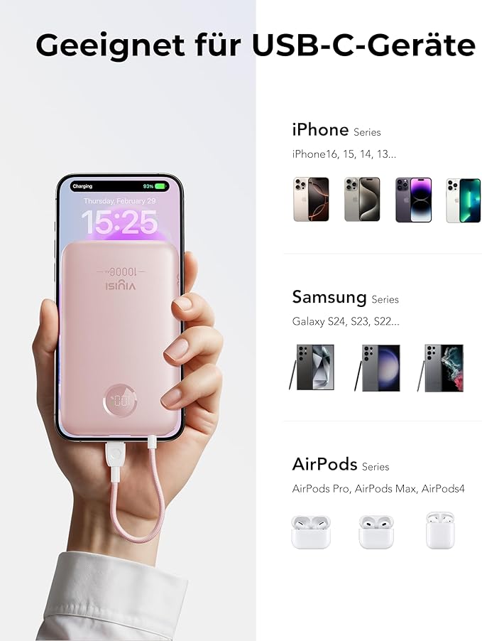 Slim Portable Charger 10000mAh, Travel Power Bank with Built-in USB-C Cable & LED Display, 22.5W Fast Charging Battery Pack Compatible with iPhone 16 15 Samsung S24 S23 -Pink