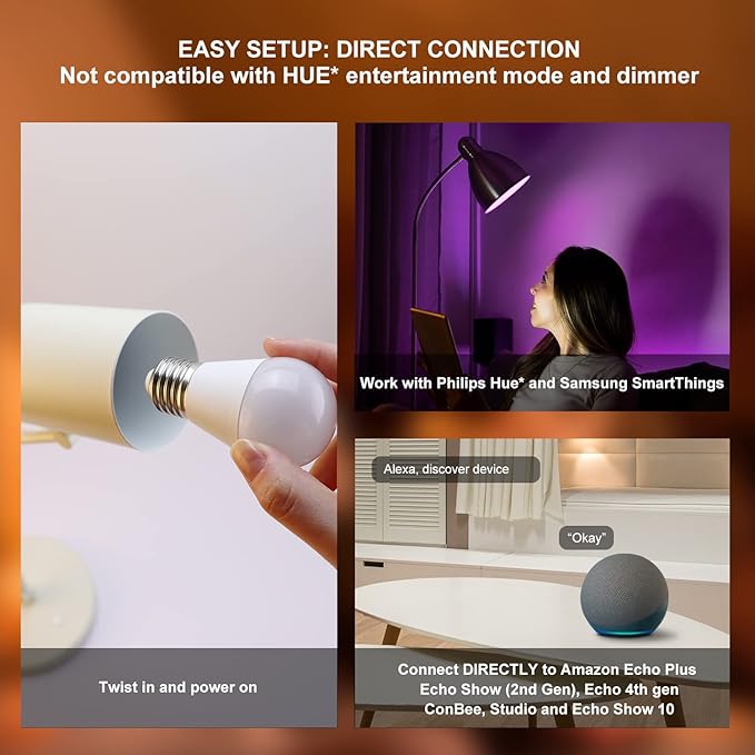 Zigbee A15 Smart Bulbs, Compatible with Hue*, Alexa, Google & ConBee (Hub Required),E26, 5W=40W, Color Changing, Dimmable WiFi Light Bulbs, 2Pack