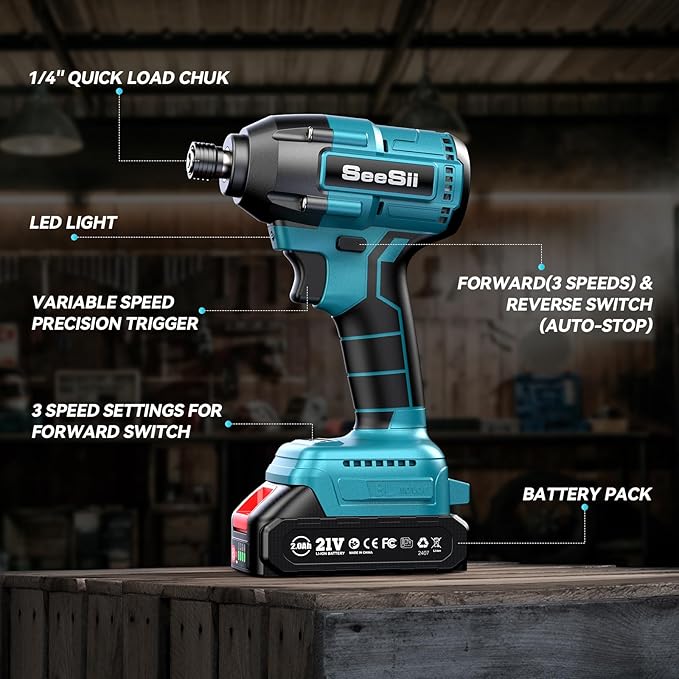 SEESII Cordless Impact Driver Kit, 21V Max Torque 1590 In-lbs(180 N.m) Impact Driver Set with Two 2.0 Ah Batteries, 1/4" Hex Chuck Power Impact Driver w/ 20 Pcs Drill Bits, 0-2500 RPM Variable Speed