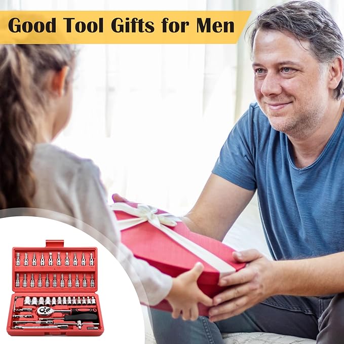 Egofine 46 Pieces 1/4 inch Drive Socket Ratchet Wrench Set, with Bit Socket Set Metric and Extension Bar for Auto Repairing and Household, with Storage Case