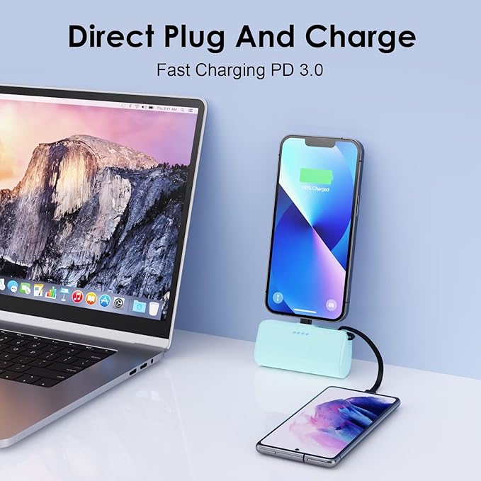 Mini Portable Charger Power Bank for iPhone with Built-in Type-C Cable,5200mAh PD Fast Charging Battery Pack,Compact Phone Charger for iPhone 16/15/14/13/12/11/X/8/7/6,Green
