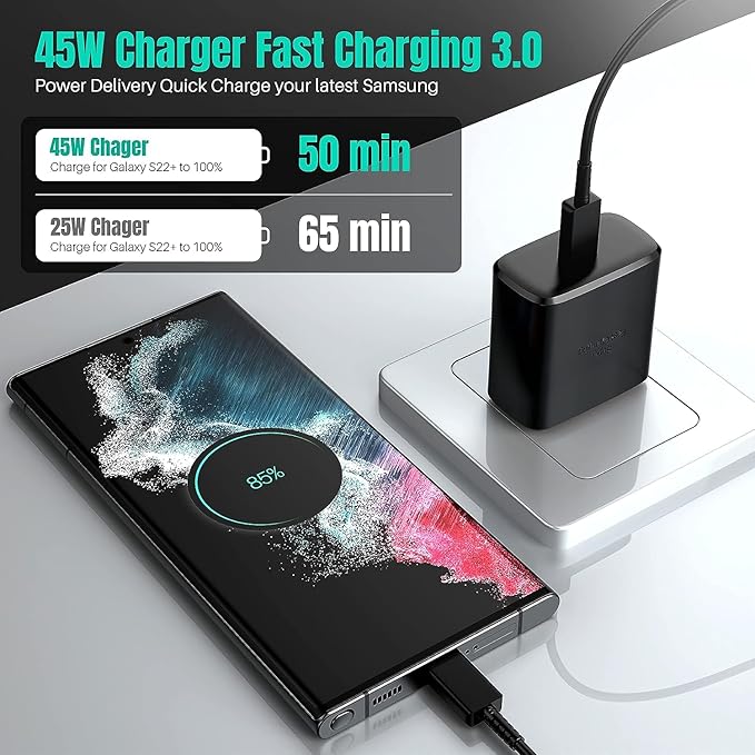 Galaxy S25 S24 Android Charger 45W, for Samsung Charger, Super Fast Charging USB C Block, Type C Charge Cable Extra Long 10ft for Galaxy S25, S24, S23, Z Fold 3/4/5/iPhone 17/17 Air/Tablet