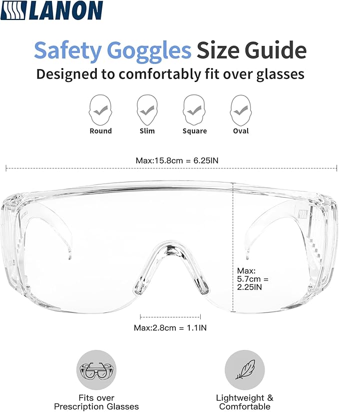LANON 3 Pack Safety Glasses Over Eyeglasses,ANSI Z87.1 Standard,Anti-Fog & Scratch,Peripheral Protection, High Transmission,Anti-UV,Wrap Around Clear Safety Goggles