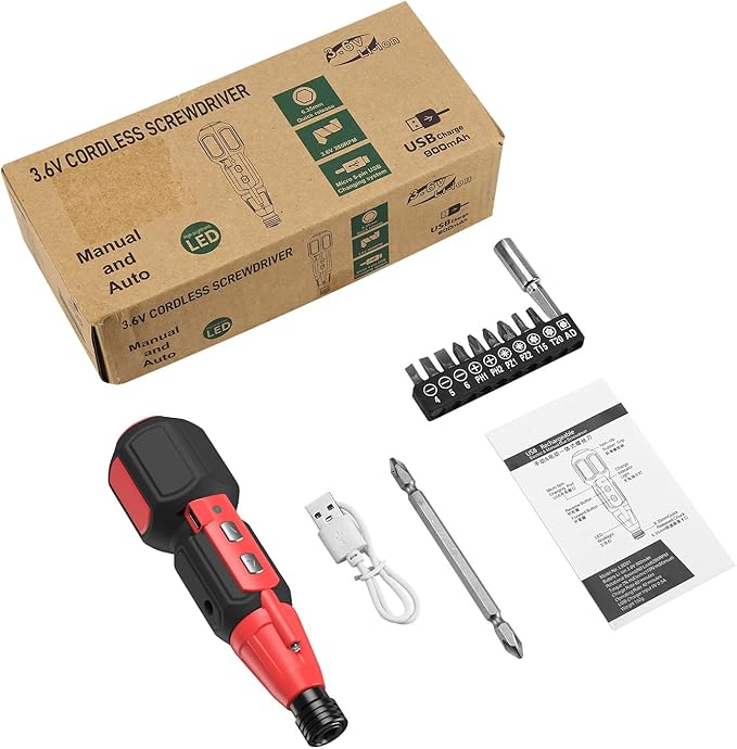 LOFICOPER Cordless Electric Screwdriver Kit, Rechargeable Electric Screwdriver, Mini Power Screwdriver with 10 Bits, 1 Bit Holder, LED Lights, Charging Cable, for Phones, PC, Toys, Black and Red