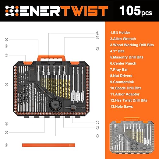 ENERTWIST 105 Pcs Drill Bit Set - HSS Titanium Coated, Carbon Steel Woodworking Bits, Hole Saws & Screwdriver Bits for Wood, Metal, Cement in Durable Case