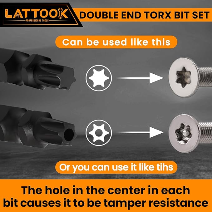 15-Piece Torx Bit Set, LATTOOK Double-ended Security Torx Bit Set Tamper Proof Star Bits, Magnetic S2 Steel, 3'' Long