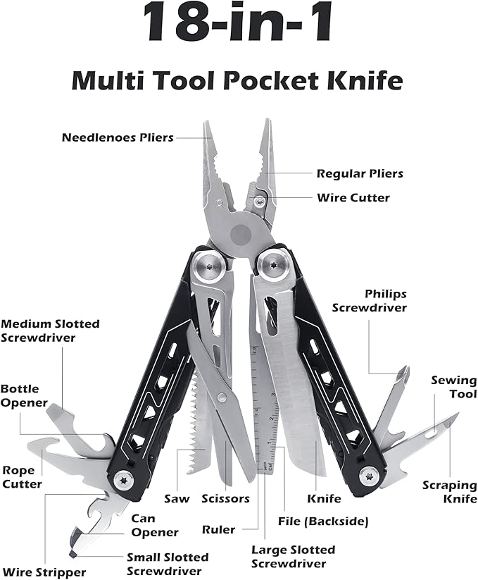 RUSH DEER Multi-Tool 18-in-1 Essential Survival Tools and Multitools Plier- Gift for Men-Versatile Camping Tool Kit-ultimate versatile toolkit For DIY, Outdoor-Black