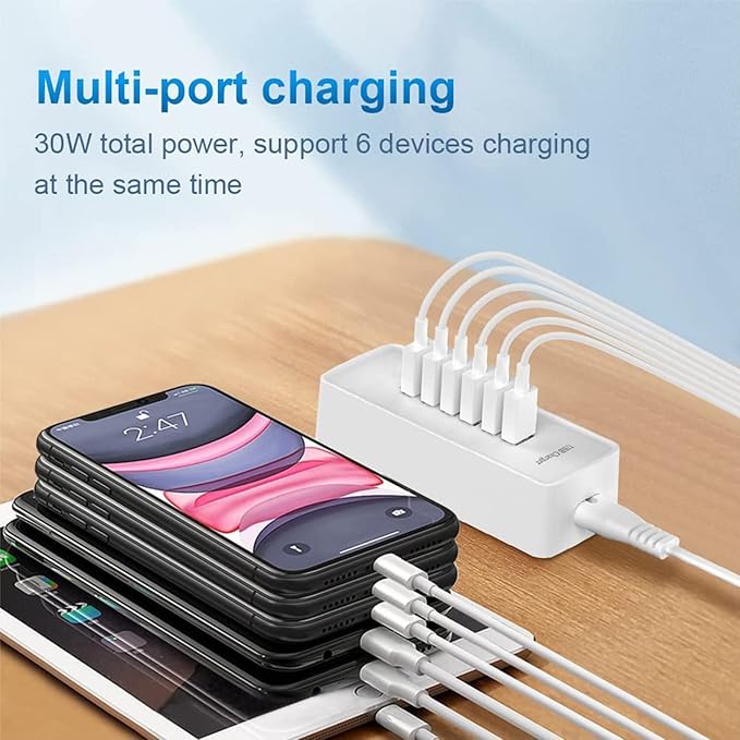 USB Fast Charger, 6-Port Portable Charging Station, Suitable for Various Devices, Compatible with iPhone, iPad, Samsung, Google, Xiaomi, Huawei and Other USB Charging Devices