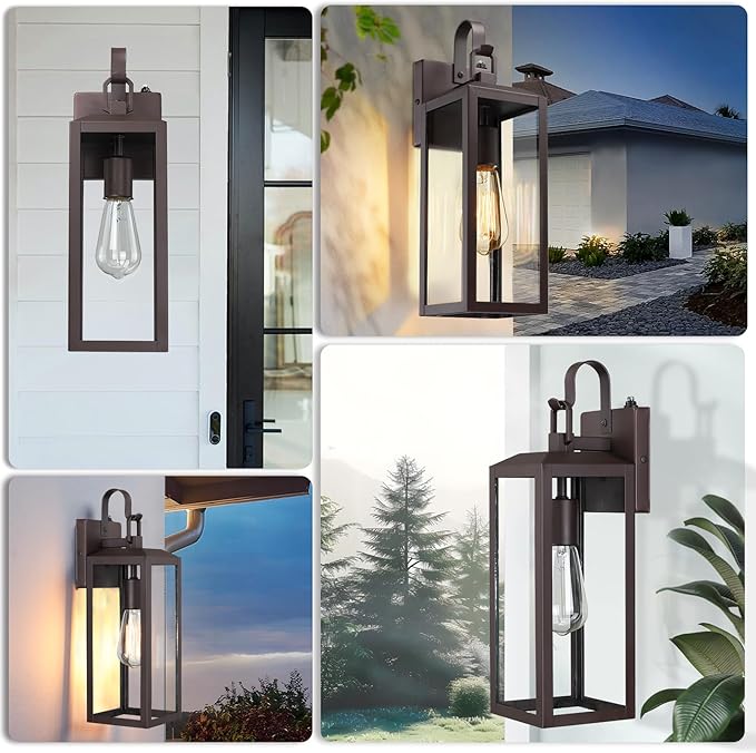 16'' Large Dusk to Dawn Outdoor Lighting 2 Packs, Modern Outdoor Lanterns for Porch, Waterproof Exterior Light Fixture Wall Sconces Lamps, Outside Lights for House Patio, Garage, Farmhouse, Brown