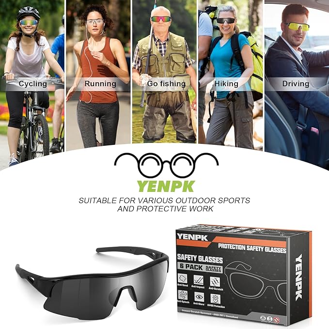 6 Pack Safety Glasses, ANSI Z87.1 Safety Glasses with UV Protection, Impact Resistant Tinted Safety Goggles