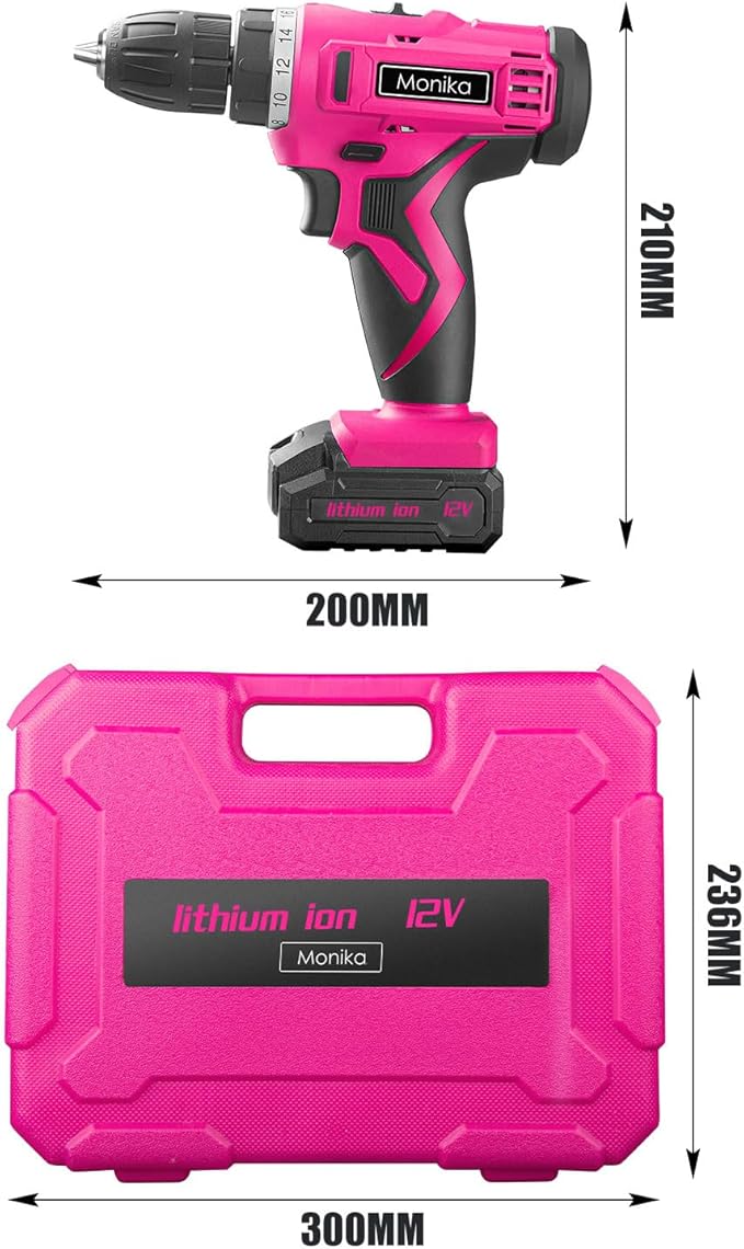 Monika 12V Pink Lithium Cordless Drill Bit Set Kits Screw Bits Sockets 18+1 Torque Setting, LED Light, Electric Power Drill Driver for Home, Office DIY and Wall Drilling, Wood, Metal W/Battery