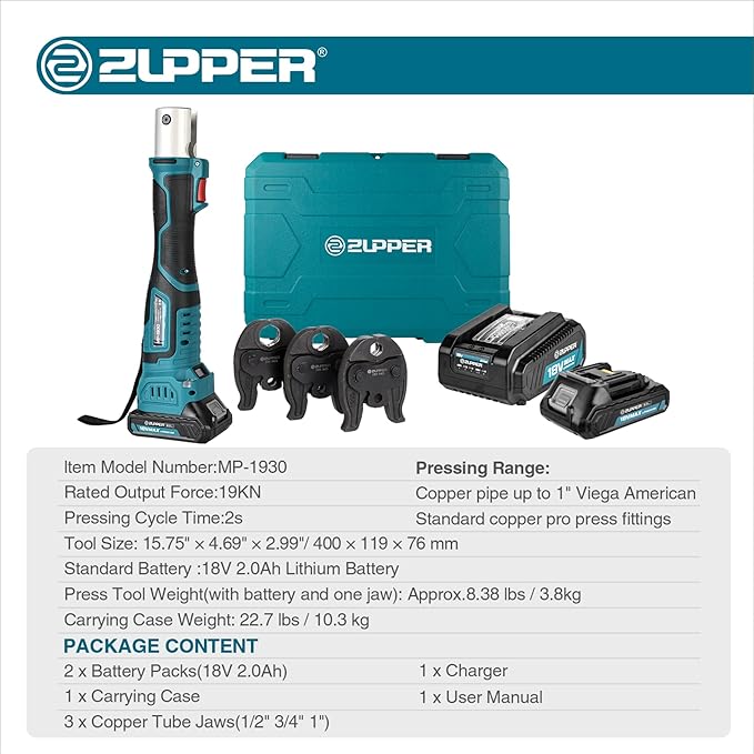 Mini Pro Press Tool kit with 3 Copper Pro Press Jaws 1/2", 3/4", 1", Brushless Motor, 2pcs Battery, Fast Charger & Carrying Case