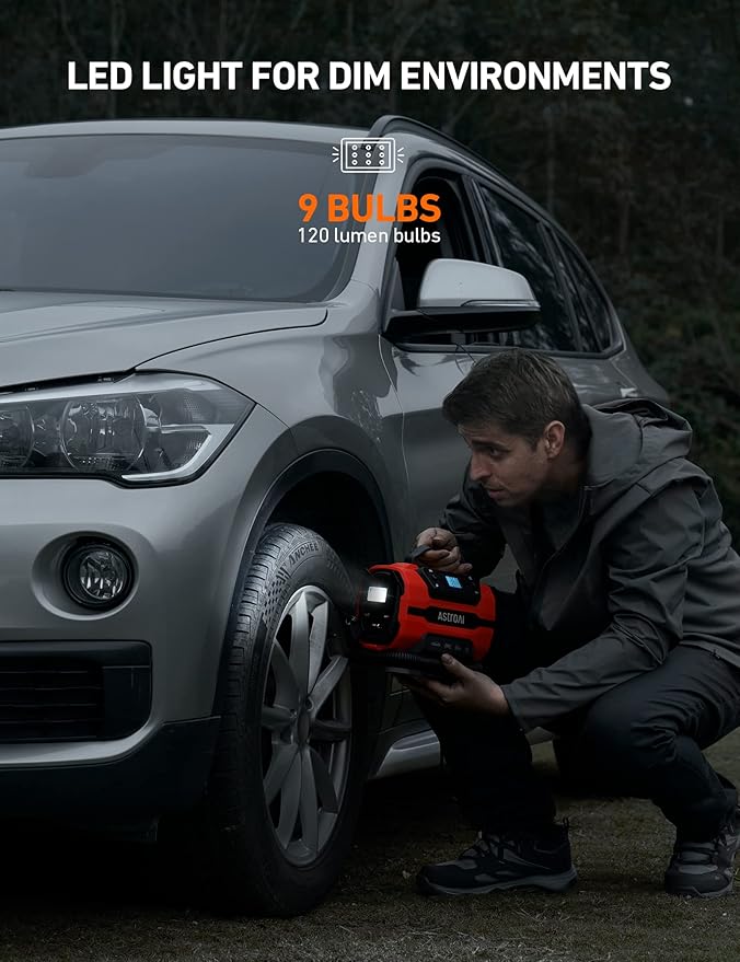 AstroAI Tire Inflator Portable Air Compressor Pump 150PSI 12V DC/110V AC with Dual Metal Motors &LED Light, Automotive Car Accessories&Two mode for car, bicycle tires and air mattresses, Red
