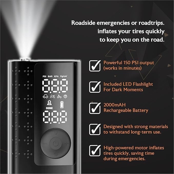 Portable Air Compressor Tire Inflator Pump – Cordless Electric 5X Faster Air Pump for Car, Bike, Ball & More – 150 PSI with Pressure Gauge, Battery Powered, Auto-Off, Accessories Included