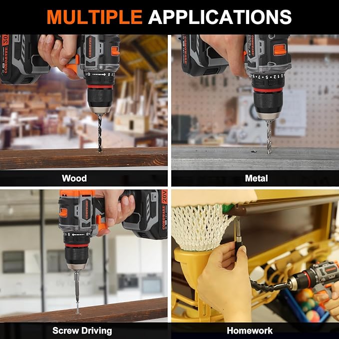 COMOWARE 20V Cordless Drill, Brushless Power Drill Set with 1.5Ah Li-ion Battery & Fast Charger, 23+1 Clutch 1/2" Keyless Chuck Max 38 N.m, Dual Speed Electric Drill Driver Accessories