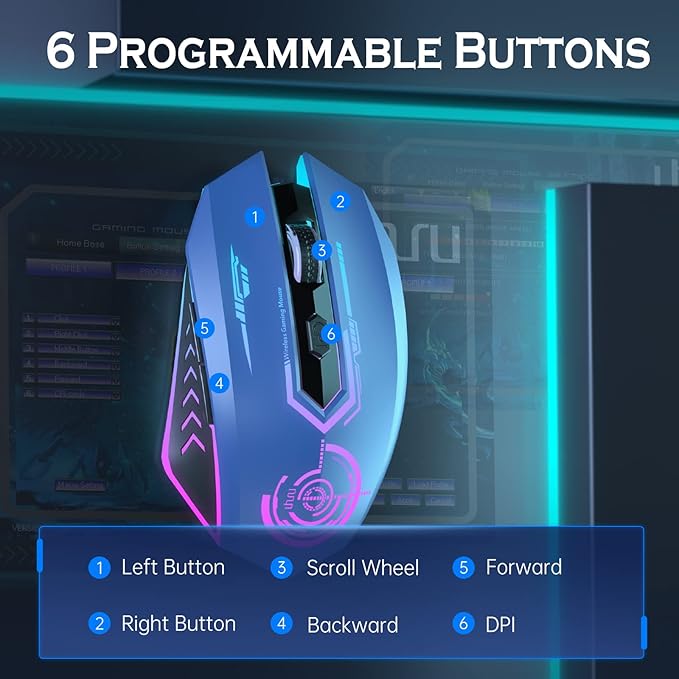 UHURU Gaming Mouse, Wireless Gaming Mouse with 6 Buttons 7 Changeable LED Color up to 10000 DPI, Rechargeable USB Gamer Mouse for PC Laptop (Blue)