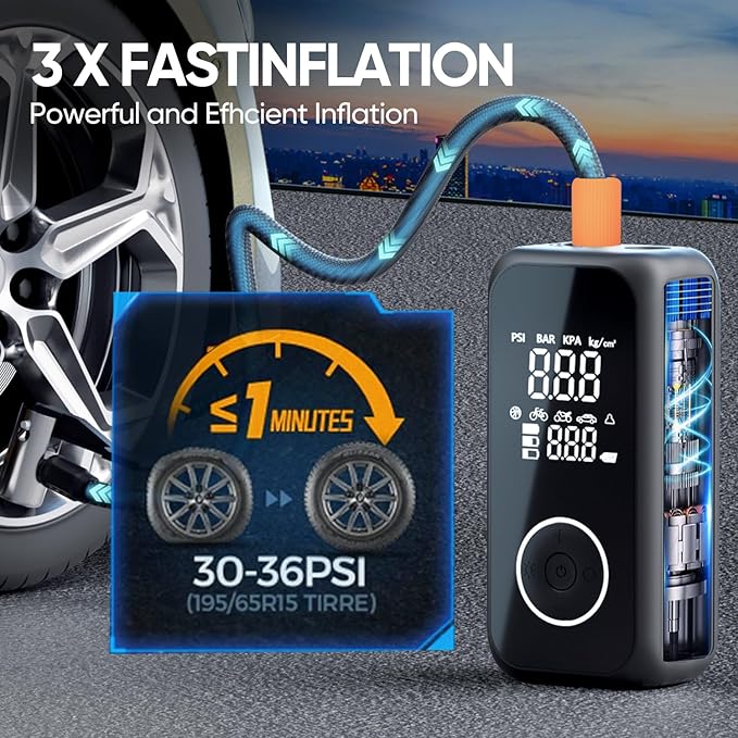Cordless Tire Inflator Portable Air Compressor, Mini Portable Air Pump with Rechargeable Battery, Tire Pressure Gauge, 150PSI with Auto Shut-off, Smart Air Pump for Car, Motorcycle, Bike, Ball(White)