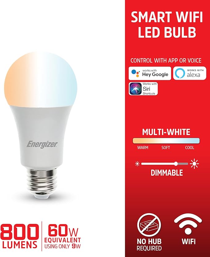 Energizer Connect Smart A19 LED Warm White Light Bulb with Voice Control and Remote Access Through Your Smartphone | Compatible with Alexa and Google Assistant, 4 Pack